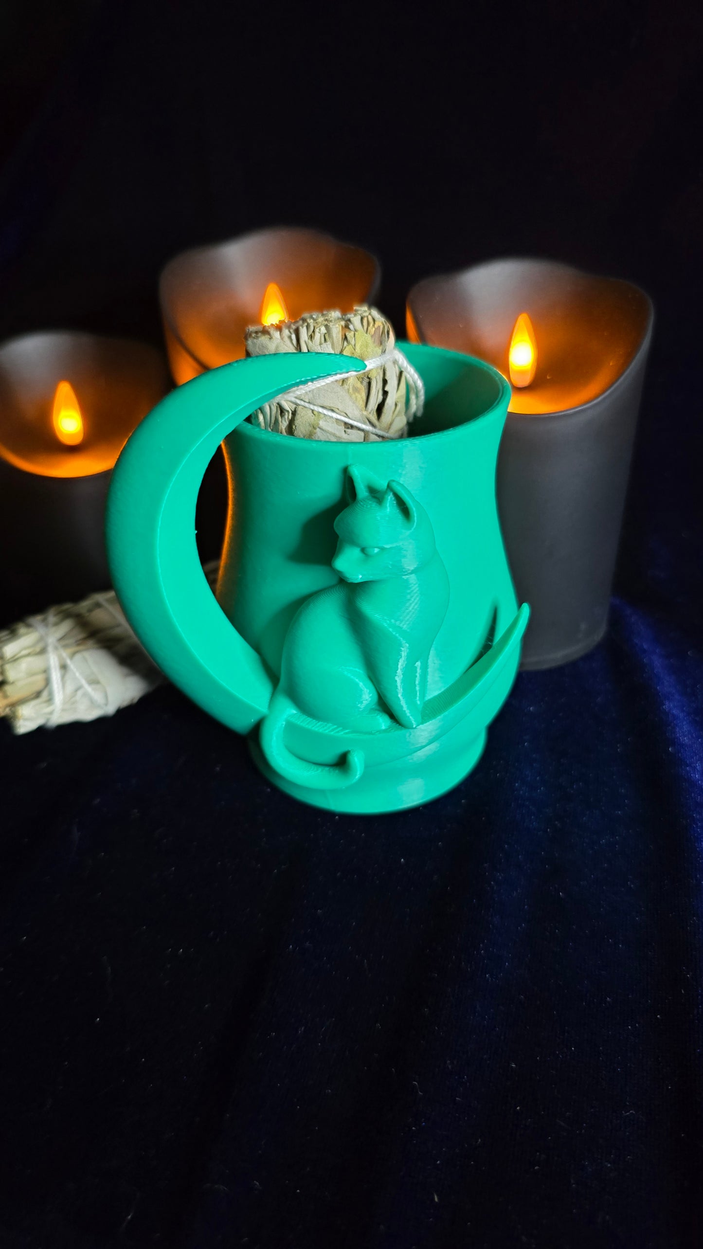 Cat Crescent Moon Pencil Holder - Green