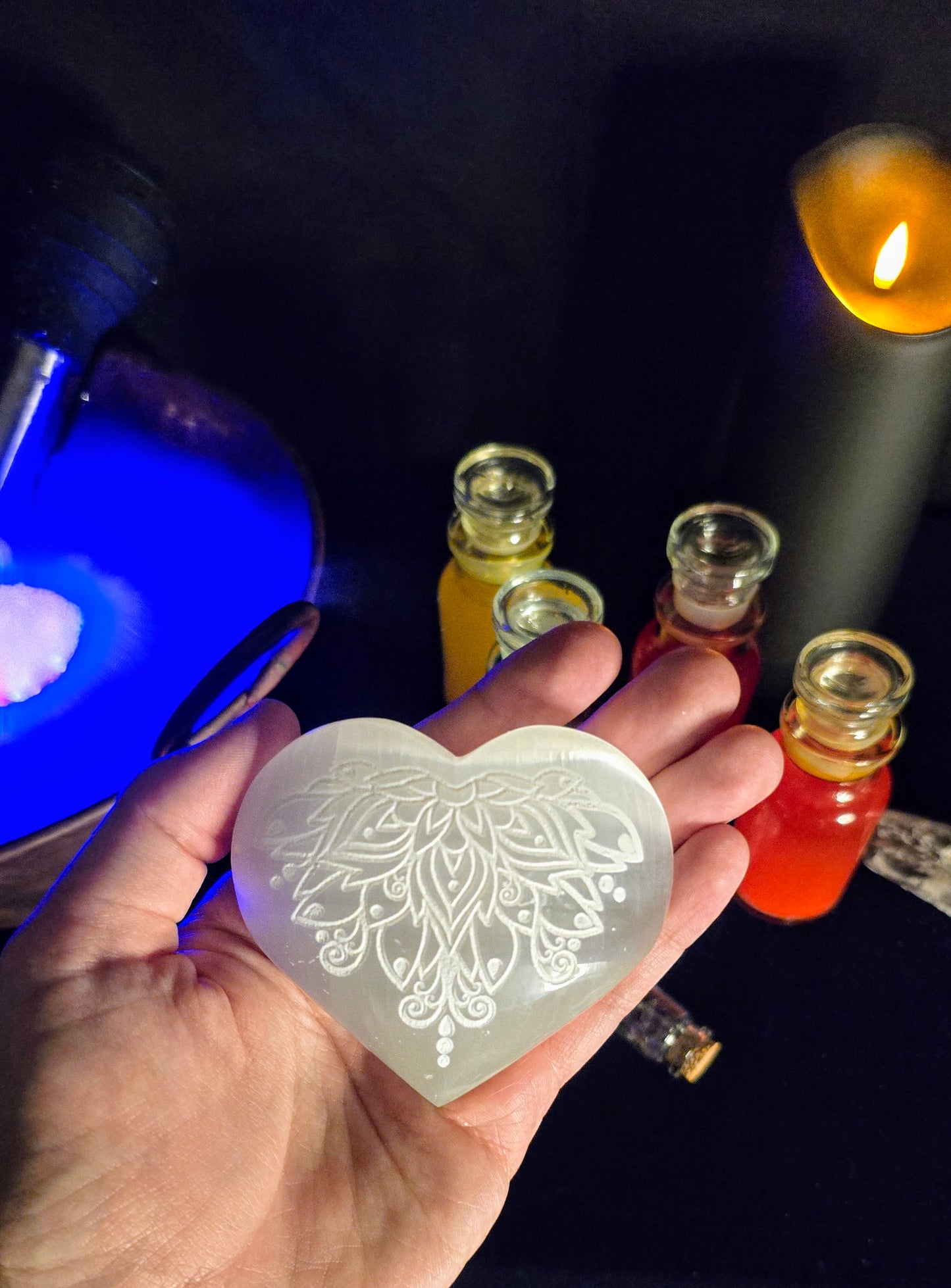 Selenite Heart with Lotus Carving for Energetic Harmony