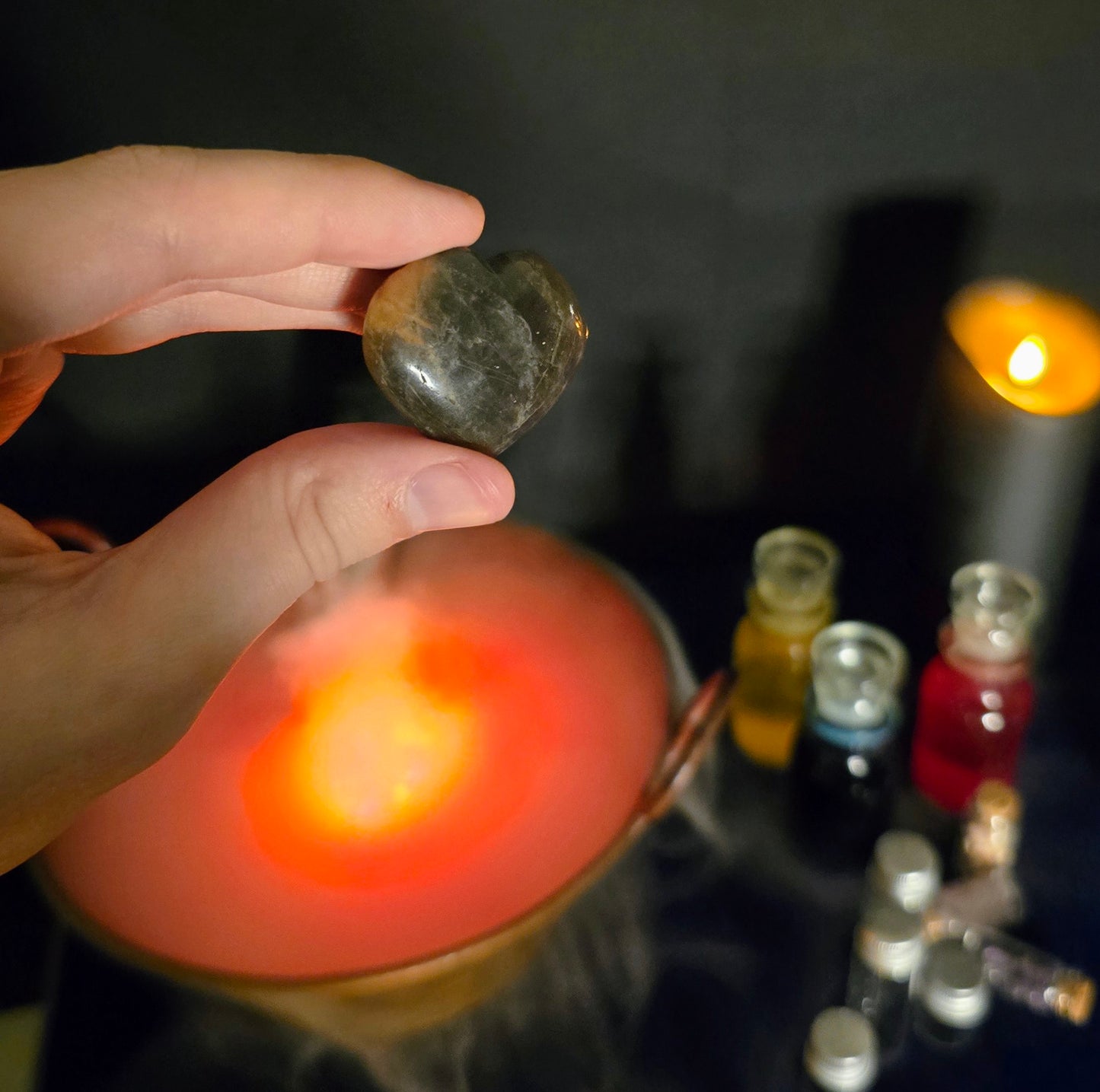 Black Moonstone Heart Carving– Stone of Shadows, New Moons, and Deep Feminine Magick