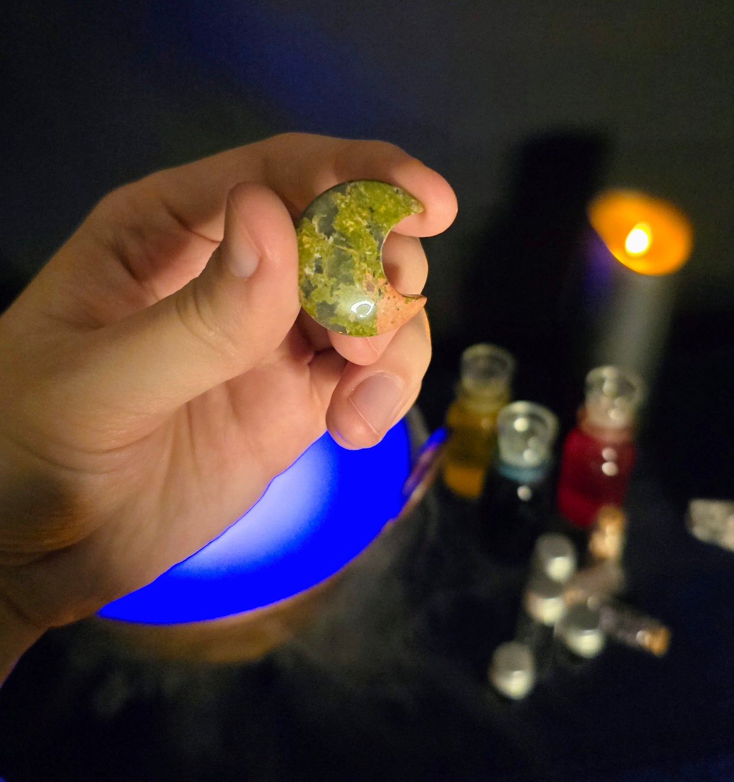 Unakite Crescent Moon Carving – Balanced Heart for Healing and Release