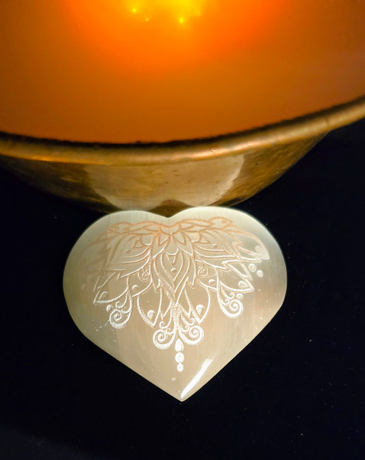 Selenite Heart with Lotus Carving for Energetic Harmony