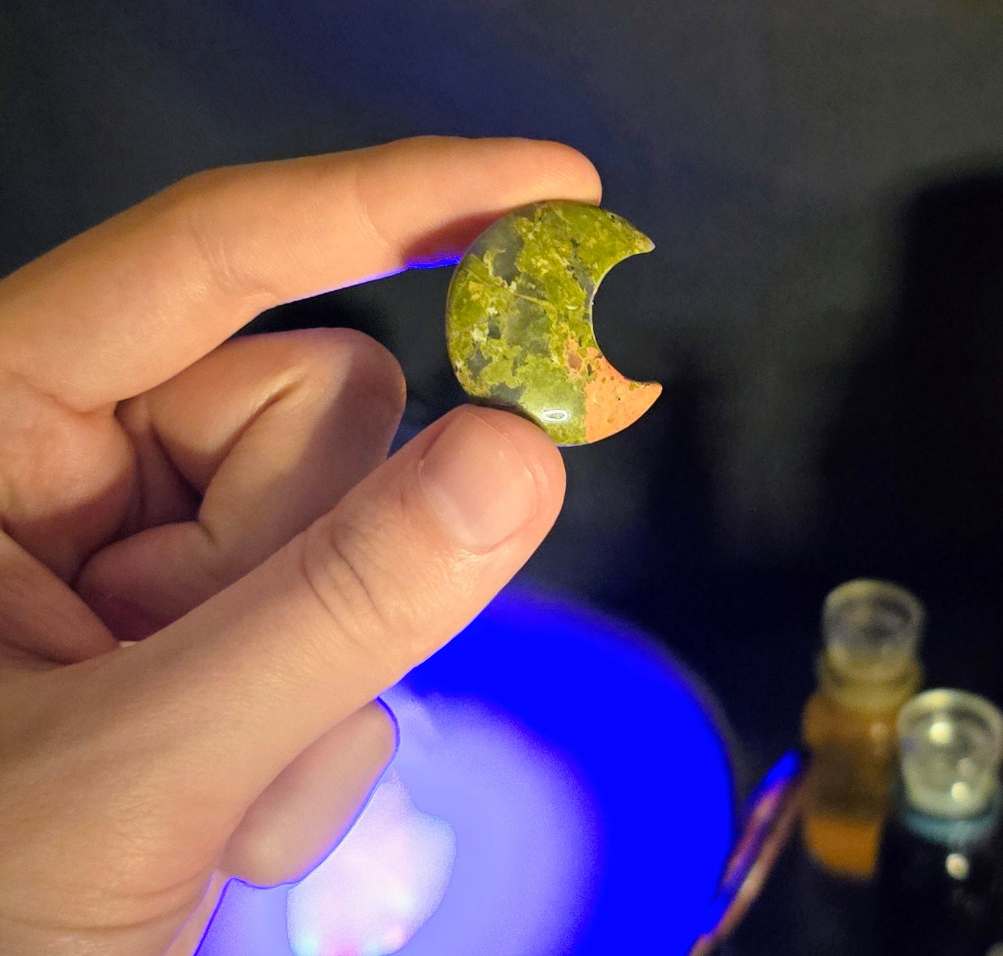 Unakite Crescent Moon Carving – Balanced Heart for Healing and Release